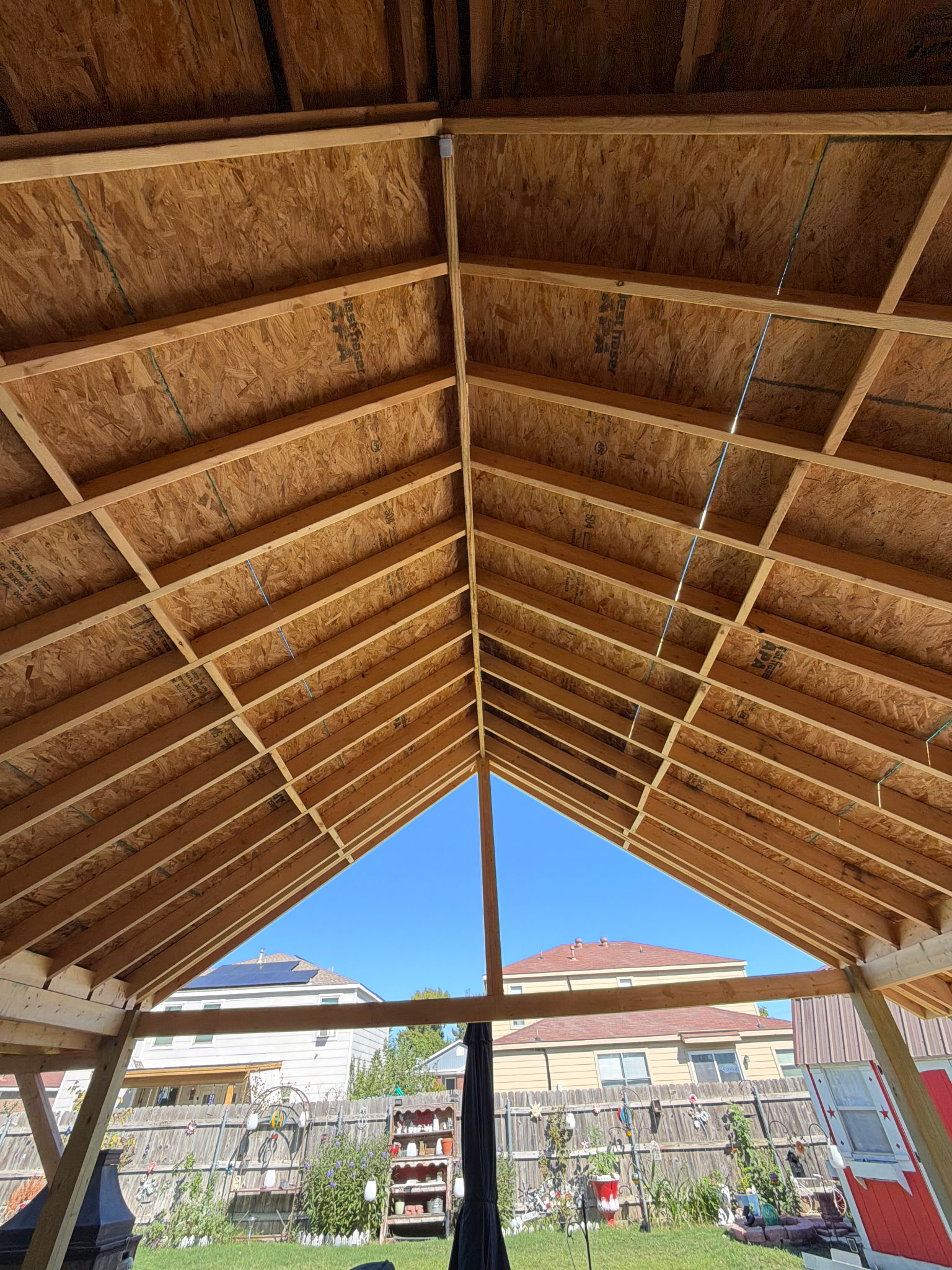 Timber rafters and roof decking viewed from below